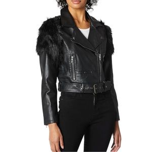 BLANK NYC Black Vegan Leather Faux Fur Shoulder Moto Jacket Women’s Size XS